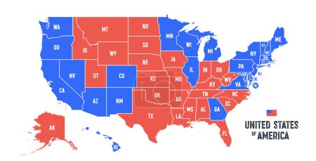 Wahlkarte der USA. Plakatkarte der Vereinigten Staaten von Amerika für Wahlen, Wahlen, US-Präsidentschaftswahlen. Infografik-Design, USA-Karte mit Bundesstaaten, demokratische, republikanische USA-Bundesstaaten. Vektorillustration