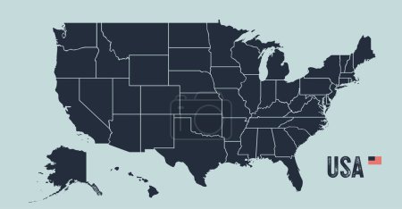 Ilustración de Mapa de USA. Mapa póster de Estados Unidos de América. Impresión en blanco y negro de Estados Unidos con estados, cartel o tema geográfico, político. Impresión en blanco y negro del mapa de Estados Unidos de América. Ilustración vectorial - Imagen libre de derechos