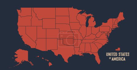 USA Karte. Posterkarte der Vereinigten Staaten von Amerika. Schwarzweiß-Druck der USA mit Bundesstaaten, Plakaten oder geographischen, politischen Themen. Schwarz-Weiß-Karte der US-Bundesstaaten. Vektorillustration