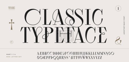 Classic serif font. Headline alphabet serif alphabet with graphic elements, sign, symbol, alternative letters. Classic creative serif font alphabet for design, typographic Vector Illustration