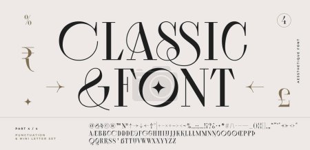 Classic serif font. Headline alphabet serif alphabet with graphic elements, sign, symbol, alternative letters. Classic creative serif font alphabet for design, typographic Vector Illustration