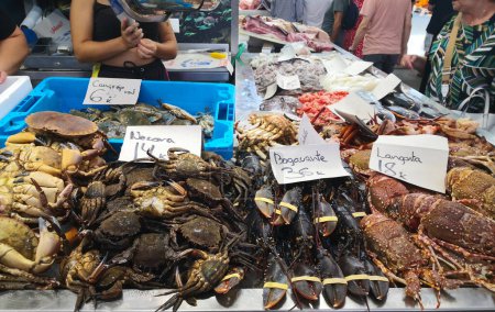Téléchargez les photos : Cadix, Espagne - 03 août 2023 : Marché aux poissons de Cadix. Superbe étal de poisson frais dans le marché central de Cdiz, Andalousie, Espagne. C'est le plus ancien marché couvert d'Espagne - en image libre de droit