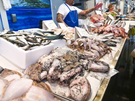 Téléchargez les photos : Cadix, Espagne - 03 août 2023 : Marché aux poissons de Cadix. Superbe étal de poisson frais dans le marché central de Cdiz, Andalousie, Espagne. C'est le plus ancien marché couvert d'Espagne et où l'océan Atlantique offre les poissons et fruits de mer les plus frais.. - en image libre de droit