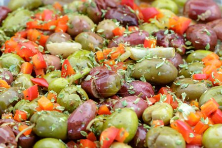 Photo for Spanish style seasoned olives background. - Royalty Free Image