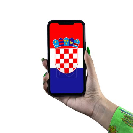 Photo for Croatia Flag display in a smartphone held by a young Asian female or woman's hand. Patriotism with modern cellphone technology display. Isolated on a white background. - Royalty Free Image