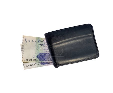 Top view of black leather wallet with one thousand Pakistani currency bank notes. Isolated on a white background. 14 February 2024.