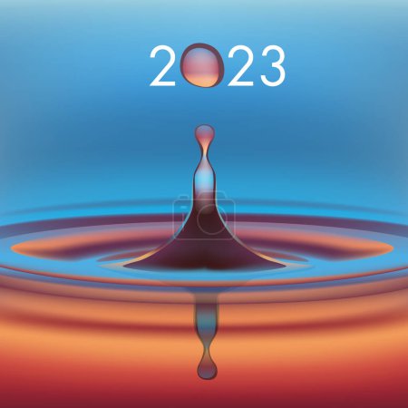Téléchargez les illustrations : Carte de vœux écologique avec une goutte d'eau en suspension, symbole de pureté, qui forme le zéro de l'année 2023. - en licence libre de droit