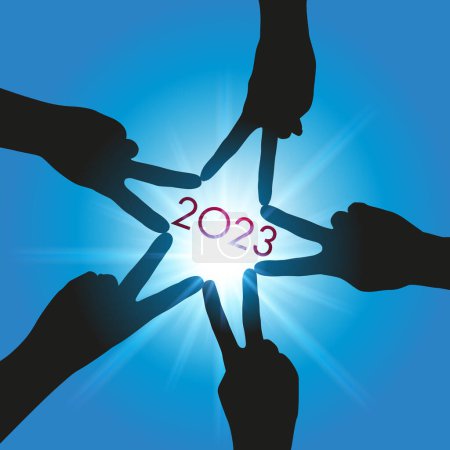 Ilustración de Tarjeta de felicitación 2023, con cinco manos formando una estrella, símbolo de unión y asociación, para lograr los objetivos del nuevo año. - Imagen libre de derechos