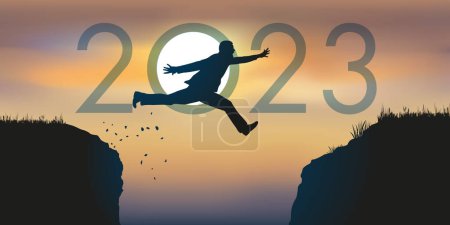 Téléchargez les illustrations : Un homme saute par-dessus un gouffre entre deux falaises devant un soleil de zénith et symbolise la transition vers la nouvelle année 2023. - en licence libre de droit