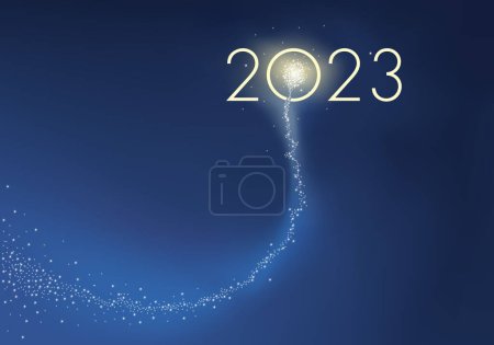 Téléchargez les illustrations : Carte de voeux présentant l'objectif 2023 sous la forme d'une comète explosant dans des feux d'artifice, symbole de succès pour la nouvelle année. - en licence libre de droit