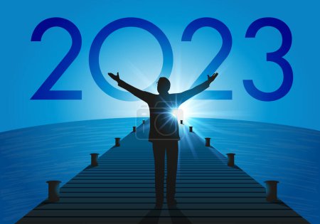 Téléchargez les illustrations : Carte de vœux 2023 pleine d'espoir avec un homme d'affaires optimiste qui lève les bras vers une nouvelle année annonçant une reprise économique. - en licence libre de droit