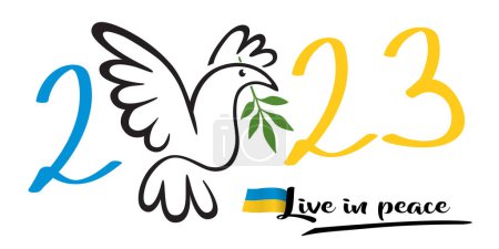 Illustration einer Taube, die einen Olivenzweig im Schnabel hält, um zu wünschen, dass im Jahr 2023 der Frieden in der Ukraine wiederkehrt.