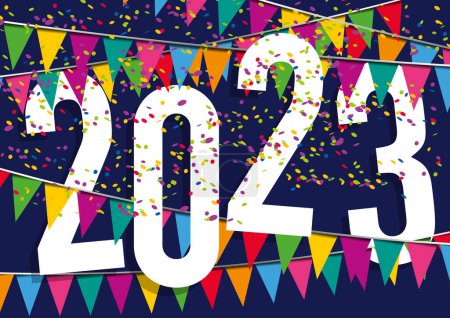Ilustración de Tarjeta de felicitación 2023 en un ambiente festivo, con banderas de colores y favores de fiesta para celebrar el Año Nuevo o un cumpleaños con alegría. - Imagen libre de derechos