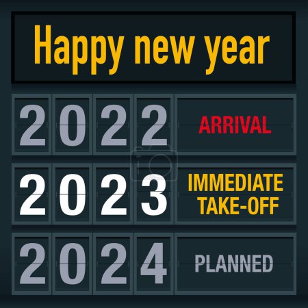 Téléchargez les illustrations : Carte de vœux 2023 avec un message original, montrant un panneau d'affichage de l'aéroport pour illustrer la transition vers le Nouvel An. - en licence libre de droit