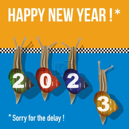 Illustration for Original and funny 2023 greeting card, with a snail race symbolizing the laggards or those who forgot to wish their best wishes for the New Year. - Royalty Free Image