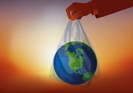 Illustration for Concept of environmental protection with the symbol of the planet earth, thrown away with garbage in a garbage bag. - Royalty Free Image