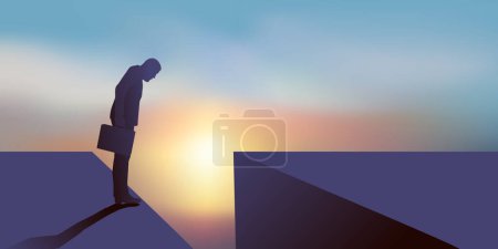 Illustration for Concept of the obstacle to be overcome with the symbol of a man who must find a solution to cross a chasm. - Royalty Free Image