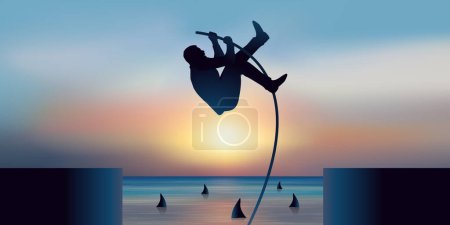 Téléchargez les illustrations : Concept of daring and risk taking in business, with a man jumping over an obstacle with a pole vault. - en licence libre de droit