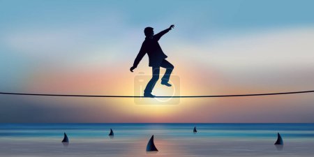 Téléchargez les illustrations : Concept of daring and risk taking in the business world, with a tightrope walker crossing an obstacle balanced on a rope. - en licence libre de droit