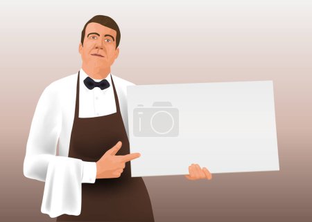 Téléchargez les illustrations : In graphic cartoon style, a restaurant waiter seen from the front presents a blank sign to write an advertising message. - en licence libre de droit