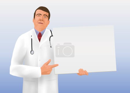 Téléchargez les illustrations : In a cartoon graphic style, A doctor presents a blank sign to write a public health message or sanitary guidelines. - en licence libre de droit