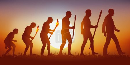 Concept of Darwins theory of evolution, illustrated with the transformation of the human silhouette from primitive man to modern man.