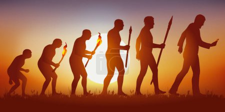 Concept of the addiction to the smartphone and the social networks with the symbol of Darwin showing the evolution of the primitive man towards the modern man, who advances while looking at his screen.