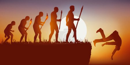 Illustration for Concept of the disappearance of the human species with the symbol of Darwin showing the evolution of the man ending in a dead end and a fall into the void. - Royalty Free Image