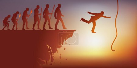 Illustration for Concept of the end of the world with the symbol of the evolution of the man of Darwin which leads to the destruction of the planet and a man who tries to grab the rope of the last chance to get out of it. - Royalty Free Image