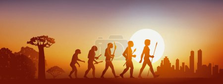 Ilustración de Concepto de la teoría de la evolución de Darwin, ilustrado con la transformación del hombre primitivo que sale del bosque para unirse a los tiempos modernos. - Imagen libre de derechos