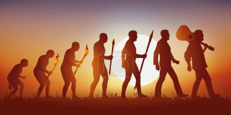 Illustration for The evolution of humanity according to Darwin halted in its advance by an authoritarian man. - Royalty Free Image
