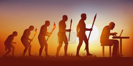Illustration for Concept of the computerized world and social networks with the symbol of Darwin showing the evolution of the primitive man towards the modern man, who does not leave his screen anymore. - Royalty Free Image