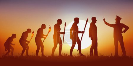 Ilustración de La evolución de la humanidad según Darwin frenada en su avance por un hombre autoritario. - Imagen libre de derechos