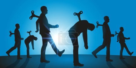 Illustration for Concept of control and authority with the silhouettes of several men transformed into robots that walk like automatons. - Royalty Free Image