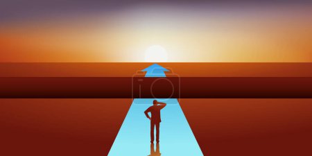 Illustration for Concept of the obstacle that hinders the progress of a man in his professional career, with a crevasse he must cross to continue his path. - Royalty Free Image