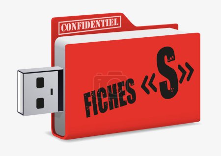 Ilustración de Concepto de información confidencial en la lucha contra el terrorismo con una unidad flash USB con la palabra archivo S escrita en ella. - Imagen libre de derechos