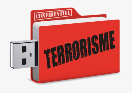 Téléchargez les illustrations : Concept d'informations confidentielles dans la lutte contre le terrorisme avec une clé USB avec le mot, terrorisme écrit dessus. - en licence libre de droit