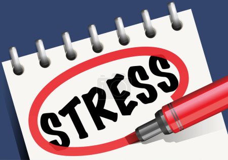 Ilustración de Concepto de burnout y sobrecarga de trabajo con la palabra stress escrita en marcador y marcada en rojo en un bloc de notas. - Imagen libre de derechos