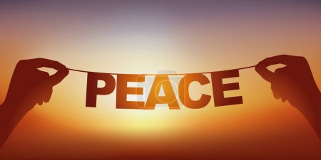 Ilustración de La silueta de la palabra paz escrita en letras sueltas en una guirnalda contra un atardecer. - Imagen libre de derechos