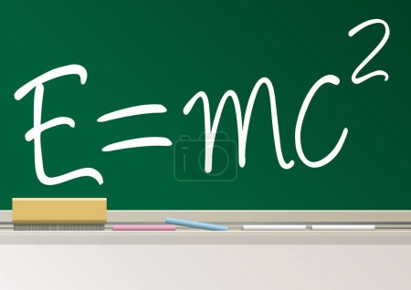 Téléchargez les illustrations : Symbole de la formule mathématique, E égal à mc2 est écrit en craie blanche sur un tableau noir de l'école. - en licence libre de droit