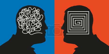 Illustration for Concept showing two profiles which symbolize opposite methods of reasoning with a rational brain facing a confused mind. - Royalty Free Image