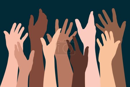 Concept of human brotherhood, with silhouettes of raised hands of different ethnicities, to symbolize diversity and the fight against racism.