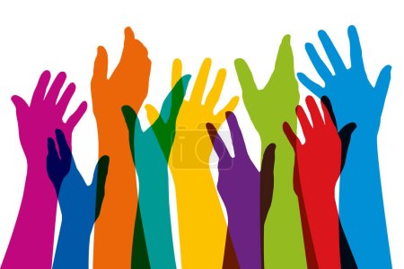 Illustration for Concept of human brotherhood, with silhouettes of raised hands in different colors, to symbolize diversity. - Royalty Free Image