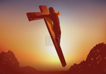 Ilustración de Concepto de la resurrección de Jesús el lunes de Pascua según el evangelio, con el símbolo del Cristo crucificado ascendiendo al cielo. - Imagen libre de derechos
