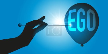 Illustration for Egocentric symbol of the cult of personality, with a hand piercing a balloon with the word ego written on it. - Royalty Free Image