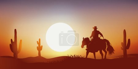 Concept du cow-boy solitaire sur son cheval, qui galope au milieu du désert au milieu du cactus devant un coucher de soleil.