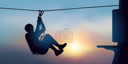 Illustration for Concept of leisure and outdoor activities with a man looking for thrills on the zip line of a tree climbing course. - Royalty Free Image