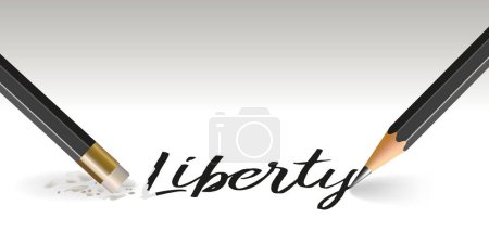 Illustration for Concept of dictatorship and liberticide, with a pencil writing the word freedom which is immediately erased. - Royalty Free Image