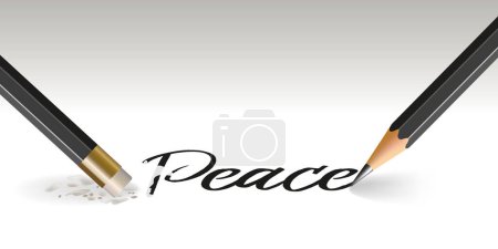 Illustration for Concept of war and human rights, with a pencil writing the word, peace which is immediately erased. - Royalty Free Image