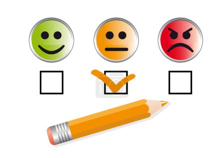 Illustration for Mood assessment with pencil ticking expressionless face box. - Royalty Free Image
